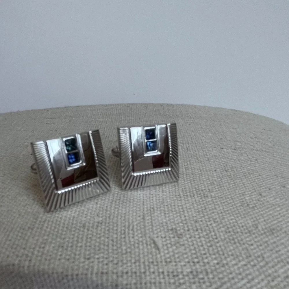 Vintage Shields Signed Silver Tone Blue Rhinestone Cuff Links